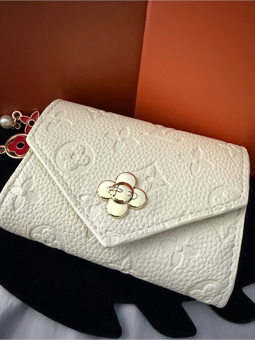 Cream Embossed Monogram Envelope Wallet with Gold Floral Clasp
